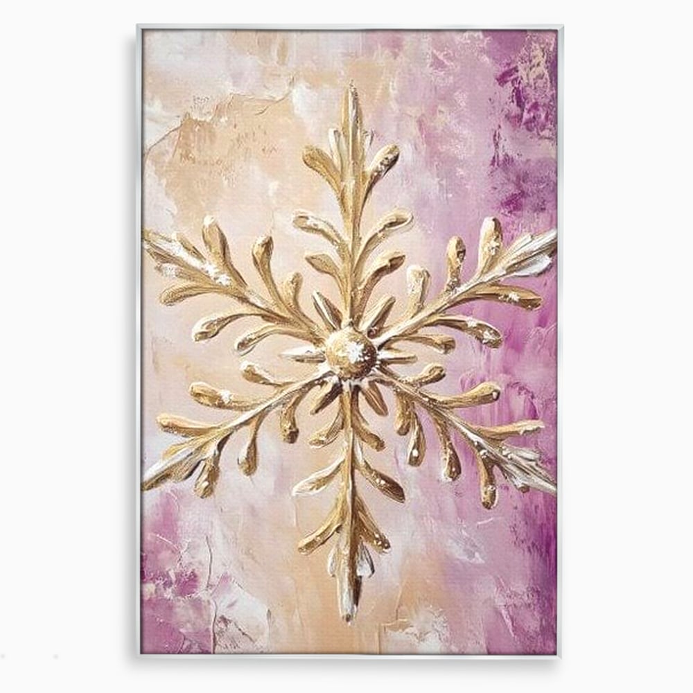 Tablou canvas cu tablou cu fulg de nea auriu in relief, in rama de aluminiu argintiu